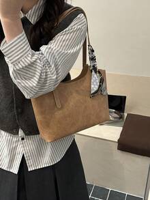 2025春季女款個性化復古軟皮托特包，極簡通勤單肩包，PU材質 - 卡其色 - 查看 5