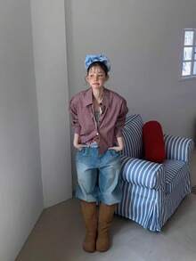 女士春季开衫，新款小格子二合一荷叶边下摆休闲复古拼接长袖衬衫，宽松百搭 - 紅色 - 查看 7