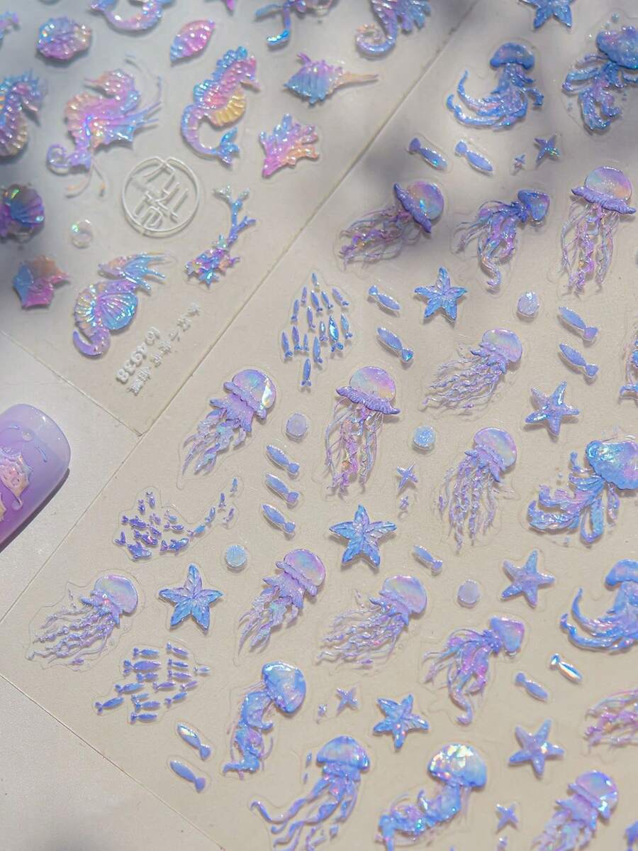 1片5D蓝色美甲贴纸，INS创意海洋系列拍照道具美人鱼尾巴美甲贴纸，混合款式美甲装饰 - 彩色 - 查看 1