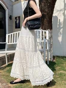 2025 Women's Summer Lace Hollow-Out A-Line Skirt, French Style Fairy Dress With Flowy Pleated Hem - White - View 5