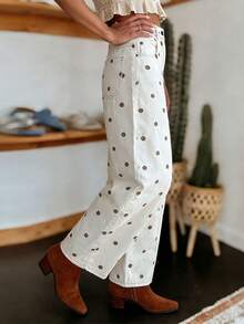 Women Barrel Jeans Dot Print Loose Denim Pants Spring Casual Baggy Trousers Fashion Wide-Leg Pants - Marrón - Ver 4