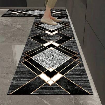 1pc Silica Gel Kitchen Mat, Luxury Geometric Diamond Pattern, Black Textured Base With Gold Outline Frames And Distressed White Center Blocks, Presenting A Strong Modern Art Vibe And Exquisite Luxurious Look. Cushioned Anti-Fatigue Kitchen Rug With Fabric Surface, Sponge Absorbent Middle Layer, And Rubber Bottom That Is Easy To Clean