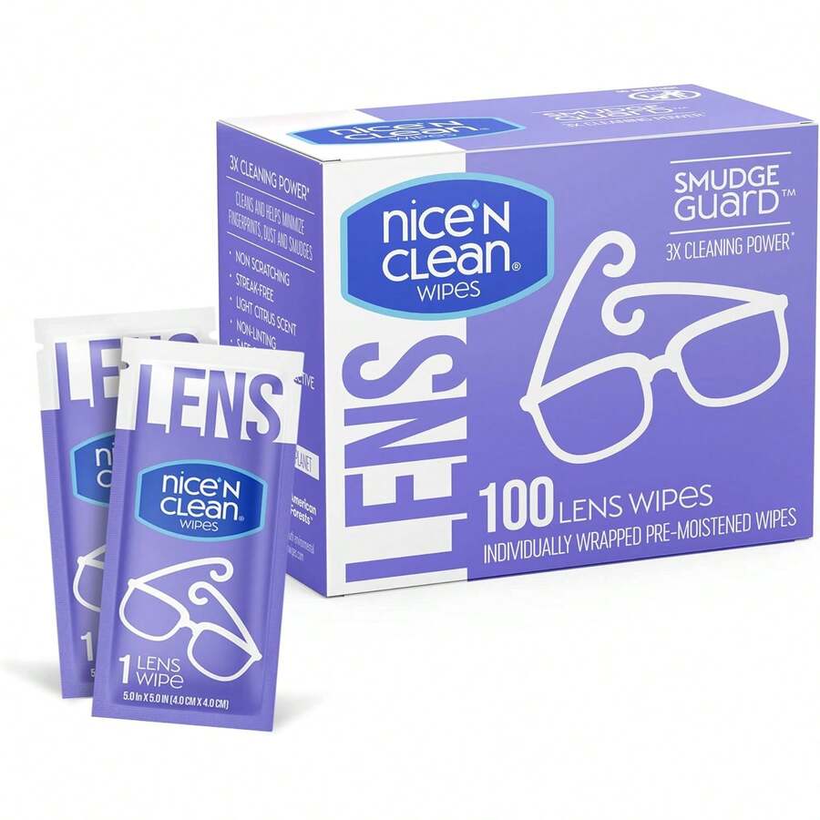 & Cera Lens, Goggles, Nice 'n Clean SmudGuard Lens Cleaning Wipes (100 Total Wipes) | Pre-Moistened Indivily Wred Wipes | Non-Scratching & Non-Streaking |  For Eyeglasses Variant 1 - 100 cái (Gói 1) - Xem 1