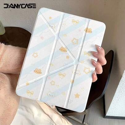 DANYCASE 可爱小熊星星图案透明折叠保护套，兼容 iPad A16 2025、iPad Air 11/13、M2/M3、iPad Pro 11/13、M4 2024、iPad Air 4/5/10 代 10.9 英寸、iPad Pro 11 代、9 代、8 代、7 代 10.2 英寸、iPad Pro 12.9 英寸、4 代、5 代、6 代，春季生日礼物