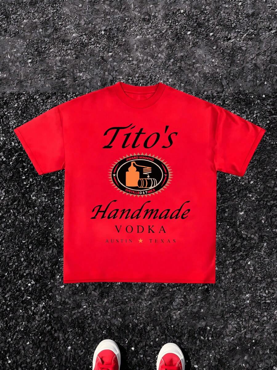 1Pcs Tito's Vodka Print TShirt, Handmade Award Winning 100% Cotton TShirt Men's Graphic TShirt Summer Cool Style TShirt Perfect Gift - Red - View 1