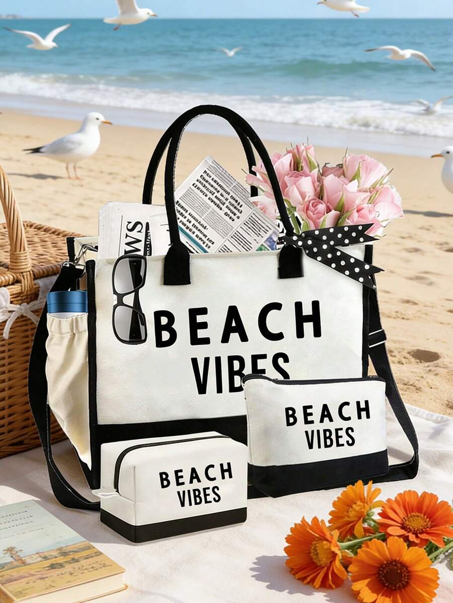 女士沙滩手提包套装，印有“BEACH VIBES”字样图案，包含一个大容量手提包和两个化妆包，适合夏季海滩、泳池、旅行、健身房和日常使用，也适合假日、周末短途旅行。可作为个性化生日礼物送给朋友或女士，是完美的旅行/度假/沙滩包，也适合婚礼、生日、节日等场合，是送给女性、妈妈、老师、朋友、伴娘、学生、返校季、闺蜜、新娘纪念品的绝佳礼物。 - 彩色 - 查看 1