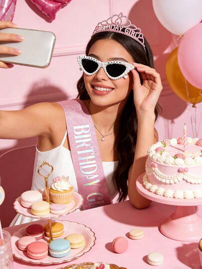 3pcs Birthday Girl Accessory Set, Including Pink Birthday Crown, Glitter Birthday Queen Belt, And Birthday Party Glasses, Suitable For Women And Girls Birthday Party Decoration
