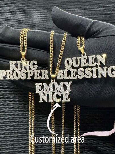 1pc Custom Stainless Steel Name Necklace, Sparkling Letter Charm, Boho Style Frosted Letter Pendant, Thick Curb Chain, Jewelry For Men & Women, Great Gift For Wedding, Thanksgiving, Birthday,Gold,Stylish,Colorful,Vintage,Simple,Unisex,Casual,Cuties,Custom,Personalized,Unique,Ideal Gifts For Him,Ideal Gifts For Her,Her,Boyfriend,Girlfriend,Dad,Mom,Family,Friends,For Anniversaries,For Birthdays,For Graduation,For Prom,For Party