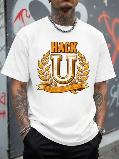 Camiseta gráfica universitaria Hack U, 100 % algodón, cuello redondo, corte holgado, cómoda, estampado artístico, recién llegada