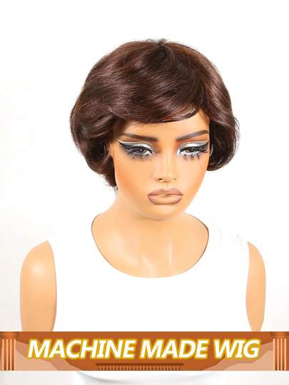 Tóc giả màu nâu sô cô la, tóc thật Remy, kiểu tóc ngắn thẳng, kiểu pixie cut bob có mái, được làm thủ công hoàn toàn, tóc giả bằng tóc thật dành cho phụ nữ sử dụng hàng ngày.