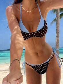 2pcs Blue Polka Dot & Solid Blue Contrast Bikini Set, Women Triangle Spaghetti Strap Crop Top Tie Back Cute Vacation Beach - Brown - View 1