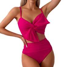 Mommy And Me Family Matching Swimsuits Summer Ruffle Tie Bowknot Sleeveless High Waist Bathing Suit For Womens And Kids Mom And Daughter Matching Wave Print Two Piece Bikini Sets Tankini - 玫紅色 - 查看 7