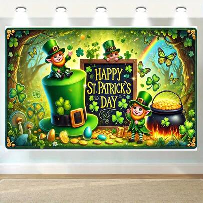 2D Flat - Single Piece 2D Flat Printing Banner, Suitable For St. Patrick's Day Background Fabric, Party Decoration, Bright Green St. Patrick's Day Banner, With Clover And Top Hat Design, Suitable For Indoor/Outdoor Celebrations, 2D Flat Birthday Celebrations, And Ideal For Enhancing Rooms, Gardens, Or Courtyards. Easy To Set Up, Suitable For Indoor And Outdoor Use