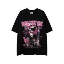 CartoonCharacter Print Cotton Summer T-Shirt For Men And Women Hip Hop Dark Style Neutral Plus Size Loose Short Sleeve Tee - 黑色 - 查看 1