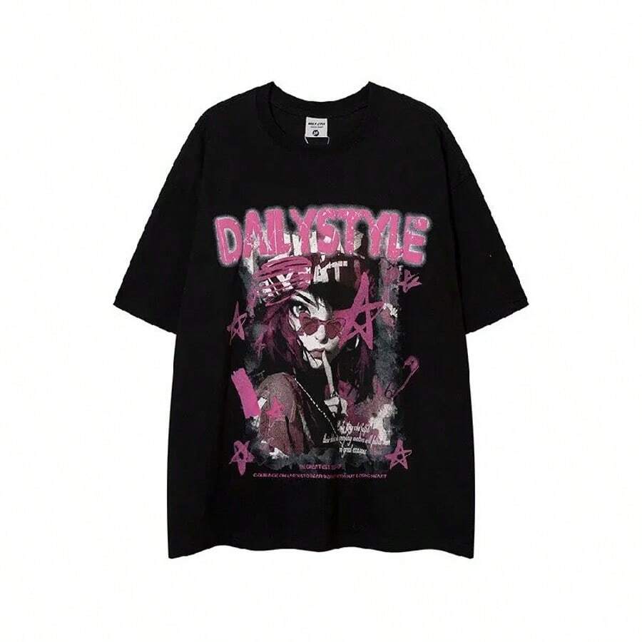 CartoonCharacter Print Cotton Summer T-Shirt For Men And Women Hip Hop Dark Style Neutral Plus Size Loose Short Sleeve Tee - 黑色 - 查看 1