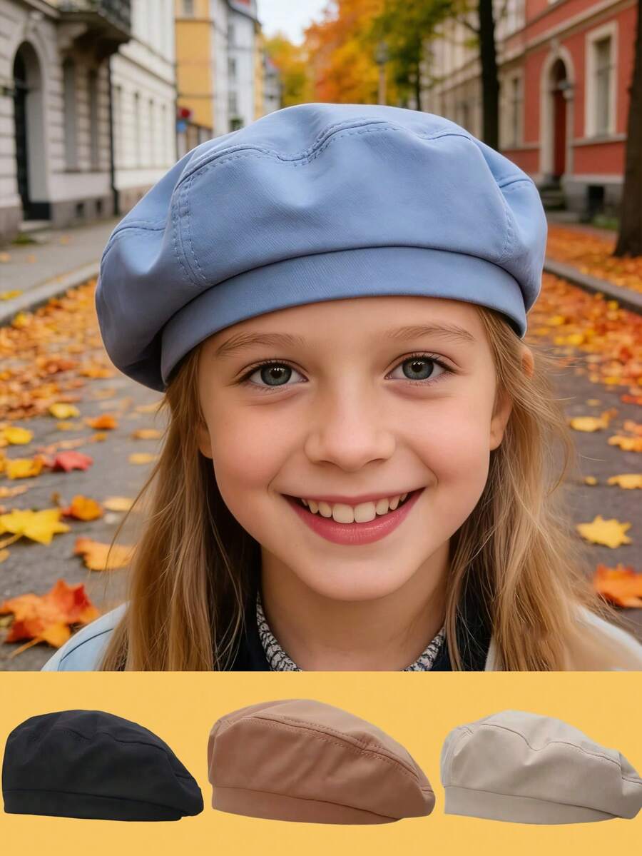 1/2/3 件装 儿童女童纯色人字纹平顶贝雷帽 弹性帽子 可爱配饰 时尚儿童帽 日常休闲帽 - 貝雷帽 - 查看 1