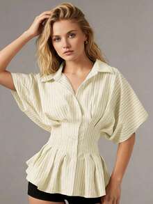 Women's Striped Peplum Blouse Button Down Collared Short Puff Sleeve Cinched Waist Shirt For Casual - 淺黃色 - 查看 2