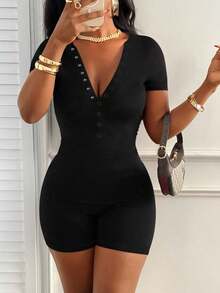 LovelyWholesale Women's Casual Round Neck Button-Up Jumpsuit, Solid Color, For Daily Wear, Summer Black - Black - View 4