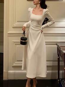 Vuslat 女士春季方领修身优雅复活节白色连衣裙，文艺复兴风格连衣裙，白色毕业礼服，派对及正式场合礼服，婚礼宾客礼服，伴娘礼服，白色连衣裙 - 白色 - 查看 7