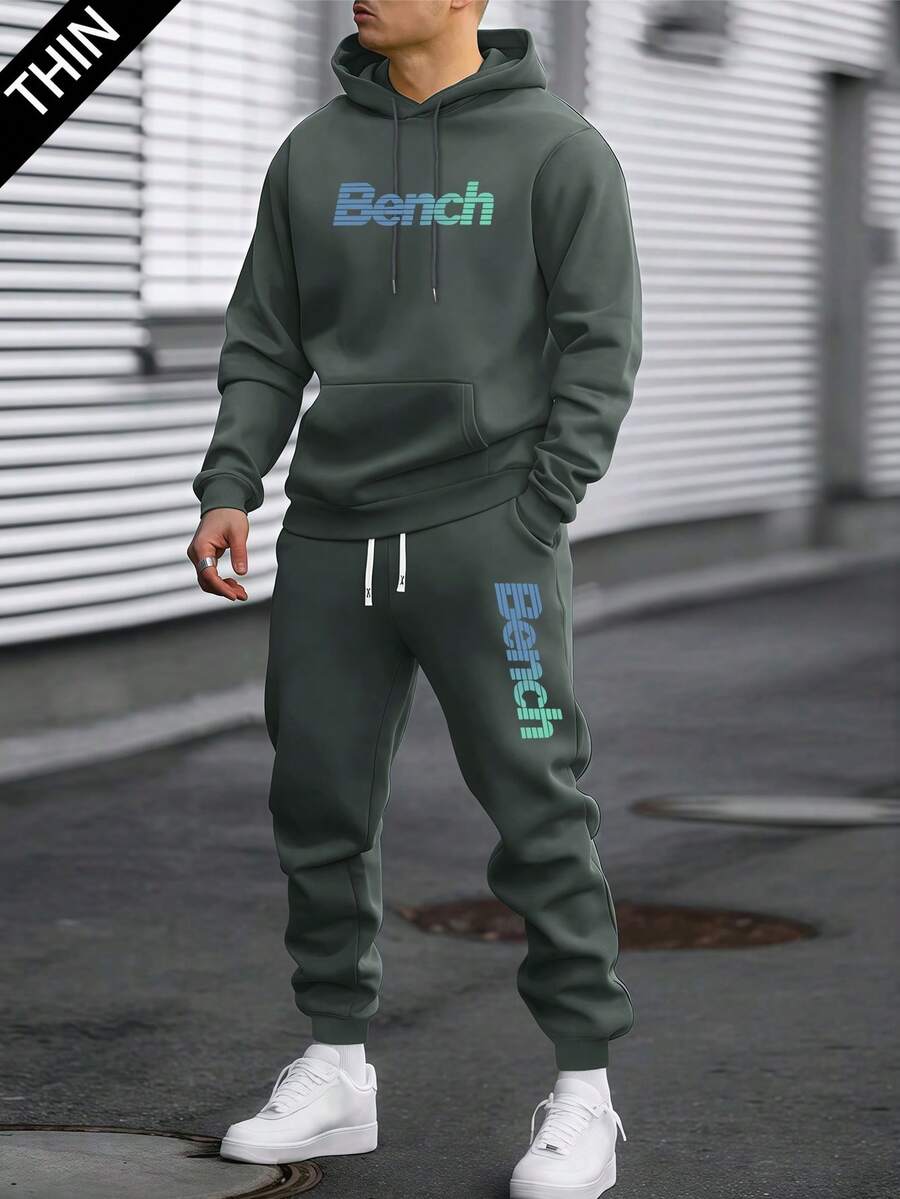 男士薄款字母印花连帽卫衣和抽绳腰裤套装，时尚休闲装，带口袋，适合送给丈夫或男朋友的礼物，春秋季 - 深灰色 - 查看 1