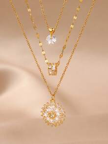 3件套简约铜锆石五瓣花、向日葵、方形锆石、蝴蝶吊坠项链套装，适合女性朋友聚会佩戴，母亲节礼物 - 彩色 - 查看 5