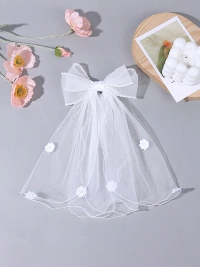 1pc Wedding Season White Bow Hair Clips With Long Tail, Girls Mesh Hair Bows, Elegant Soild White Bow Hairpins, Exquisite Pearl Hair Clips, For Daily Festival Party, Hair Accessories