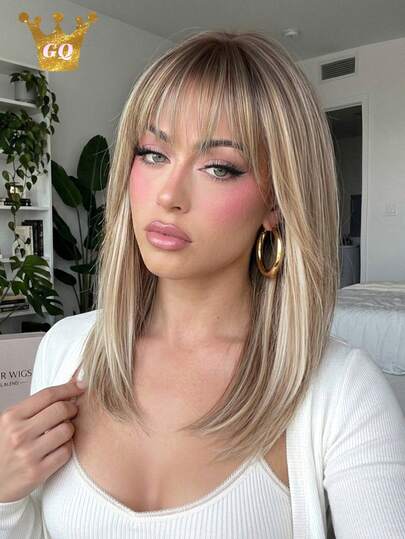 18 Inch Ash Blonde Wig Mixed Color With Highlights Straight Bob Wig With Bangs For Women, Heat Resistant Synthetic Wig For Daily & Party Wear