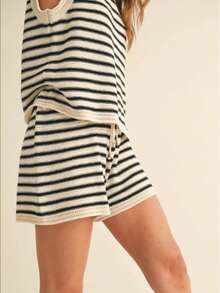 Women's Casual Striped Crew Neck Sleeveless Knit Top And Drawstring Waist Knit Shorts Comfortable Hollow Out Set Summer - Apricot - View 4