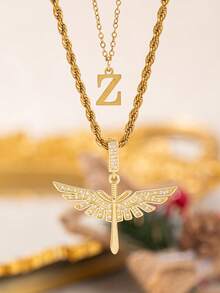 2pcs/Set New Fashion Cross Wing Pendant & 26 Letter Pendant Necklace, Stainless Steel Chain Suitable For Women's Daily, Party, Vacation Wear - Yellow Gold - View 30