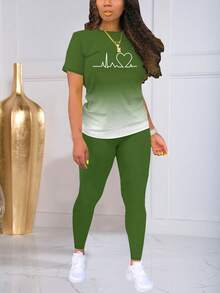 Casual Gradient ECG Print Short Sleeve T-Shirt And Leggings Set, Spring/Summer Elegant - Dark Green - View 2