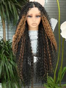 棕色挑染长卷发蕾丝前假发，适合，13*4*1 无胶蕾丝卷发假发，预先拔毛，深波浪蕾丝前假发，非洲蓬松卷曲合成蕾丝假发，32英寸 - 挑染棕色 - 查看 3