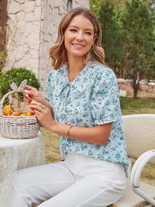 Women's Blue Ditsy Floral Floral Peter Pan Collar Puff Short Sleeve Button Down Shirt, Spring/Summer, Vacation Outfits Women - Multicolor - View 6