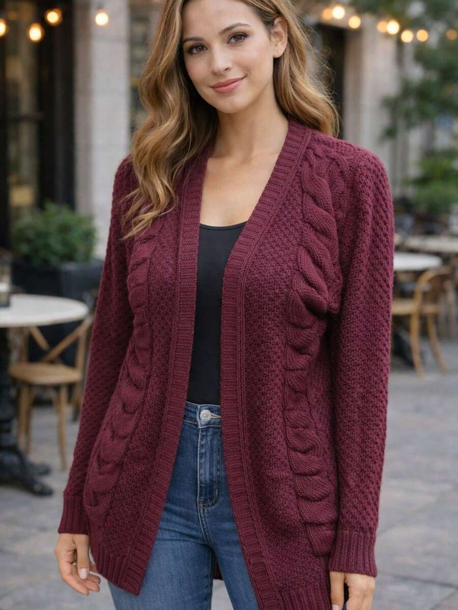 Women's Long Knitted Cardigan, Braided, Winter, Elegant, Casual, Knit, Cable Stitch, Coat, Home, Office, Vacation, School, Travel - 紅木色 - 查看 1