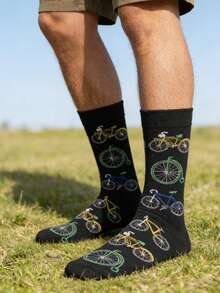 1 Pair Men's Colorful Bicycle Pattern Socks On Black Background, Casual Socks For All Seasons - Multicolor - View 4