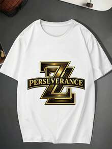 Maglietta con logo grafico dorato Perseverance, primavera, cotone di prima qualità, vestibilità comoda, traspirante, street hip-hop, stampa artistica - Bianco - Visualizzare 2