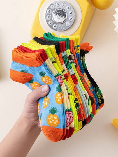 1/5/7/10 Pairs Women Fruit Pattern Ankle Socks, Suitable For Shorts, Skirts, Flats, Sneakers, Comfortable And Invisible, Great For Summer Outfits, Suitable For All Ages, Fruit & Vegetable Patterns