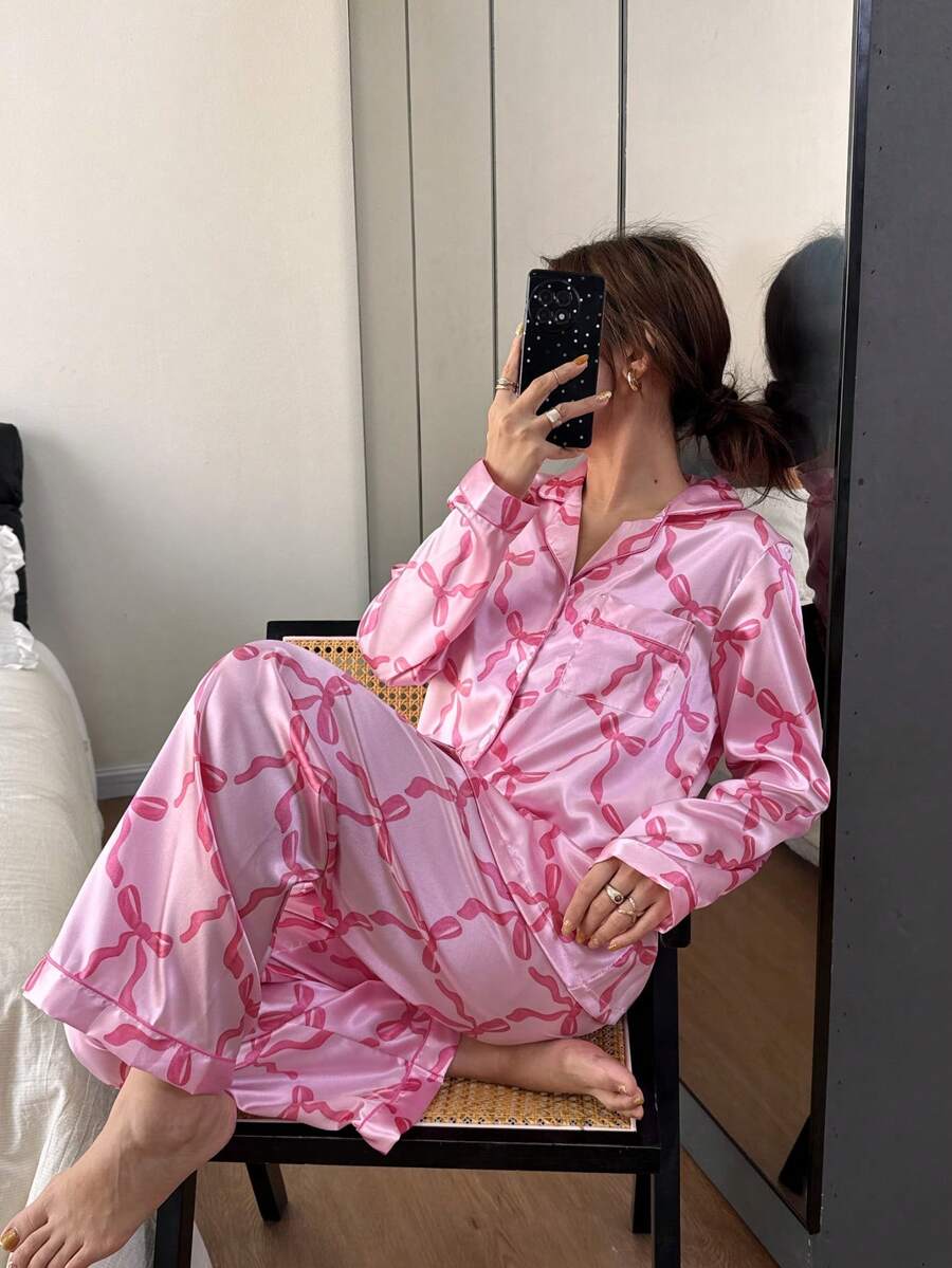 Dreamivo 2件套女士领结长袖睡衣套装 - 粉色 - 查看 1