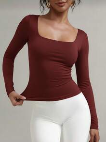 Women's Second Skin Blouse, Long Sleeve, Square Neck, Soft Supplex Fabric, Lined, Elastic, Premium Style, Casual, Elegant, Versatile, - Màu Đỏ Sâu - Xem 1
