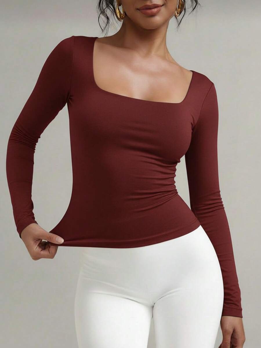 Women's Second Skin Blouse, Long Sleeve, Square Neck, Soft Supplex Fabric, Lined, Elastic, Premium Style, Casual, Elegant, Versatile, - Màu Đỏ Sâu - Xem 1