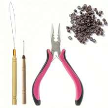 Bộ dụng cụ nối tóc 200 hạt cườm nhỏ màu đen, nâu đậm, nâu nhạt, vàng, 1 kìm bấm hạt cườm, 1 kim móc. - Xem 12