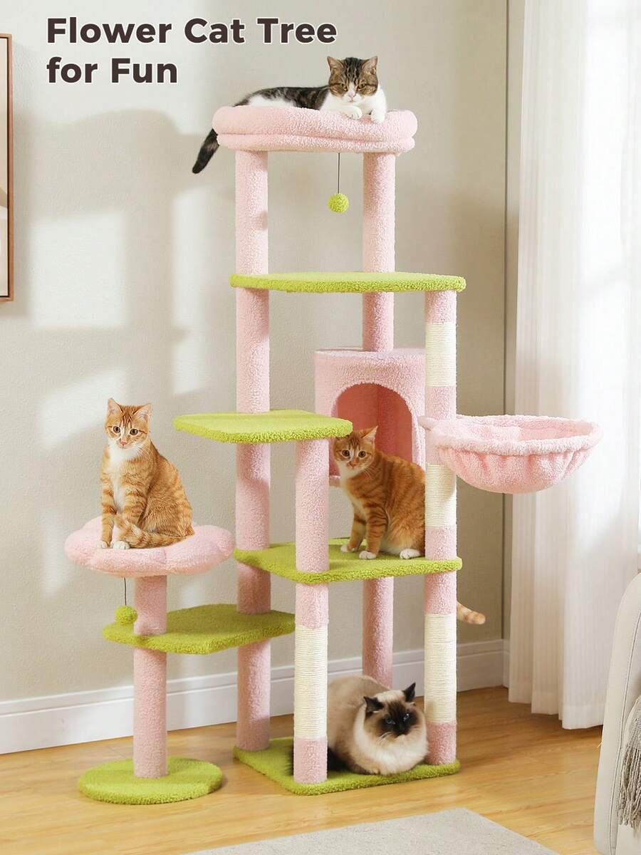 PAWZ Road 59" Cat Tree, Tall Cat Tree For Large Cat, Multi-Level Cat Tower With 3 Removable Pompom Sticks, Cat Tree For Indoor Cats, Cat Condo With Large Hammock, Scratching Post, And 2 Perches, Pink - Hồng - Xem 1