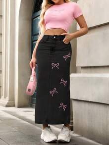 Mobula Sound# 中东春夏Y2K性感音乐节学生学院休闲度假时尚可爱蝴蝶结刺绣紧身牛仔长裙 - 普洗黑 - 查看 6