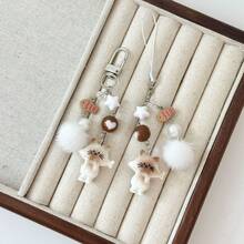 1 pieza Lindo llavero de gato de dibujos animados enamorado, colgante de teléfono con bola de peluche con corazón y cuentas - Multicolor - Ver 2