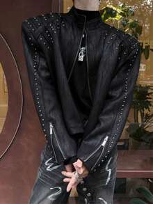 Design-Inspired American Sand-Textured Padded Shoulder Rivet Jacket, 2026 Spring/Autumn Loose-Fitting Unique High-End Outerwear - 黑色 - 查看 1
