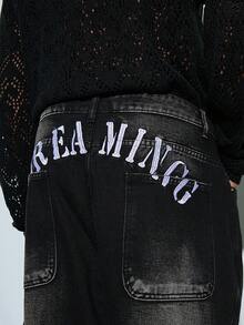 Modcrash 1pc Vintage American High Street Embroidered Patchwork Casual Men Loose Wide Leg Jeans, Distressed Wash, Fashion Versatile Denim Pants (No Belt & Accessories) Spring To Summer , Retro American, Unisex, Relaxed Fit Summer Outfits – Suitable For Everyday Wear And Summer Holiday Outfits. - Black - View 1