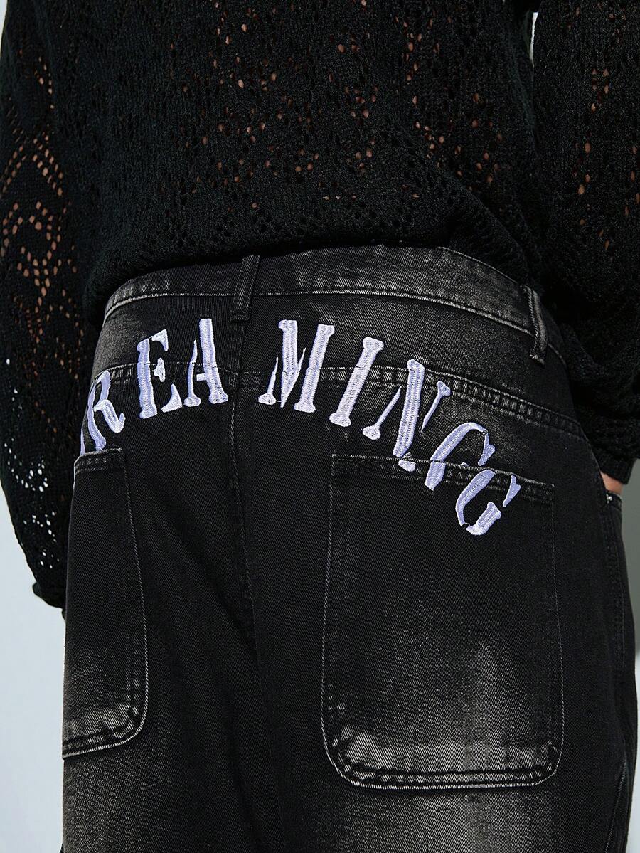 Modcrash 1pc Vintage American High Street Embroidered Patchwork Casual Men Loose Wide Leg Jeans, Distressed Wash, Fashion Versatile Denim Pants (No Belt & Accessories) Spring To Summer , Retro American, Unisex, Relaxed Fit Summer Outfits – Suitable For Everyday Wear And Summer Holiday Outfits. - Black - View 1