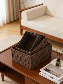 2pcs Rattan Desktop Storage Baskets, Available In Large & Small Sizes, Remote Control & Snack Organizer, Suitable For Living Room Coffee Table/Bedroom Nightstand, Ideal For Rental/Dorm Desk Organization - Black - View 3
