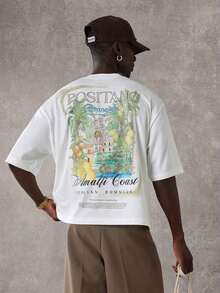 SUMWON Summer Club Positano Amalfi Italian Inspired Graphic Tee Vacation Resort Beach Travel Casual Oversized Cotton-Shirt Summer Holiday Leisure WearMinimalist Style  Sweatshirt - 白色 - 查看 5