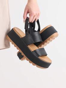 Sandalias de plataforma para mujer, cómodas, con cuña gruesa y punta abierta, impermeables, para caminar en la playa y vacaciones de verano - Negro Marrón - Ver 4