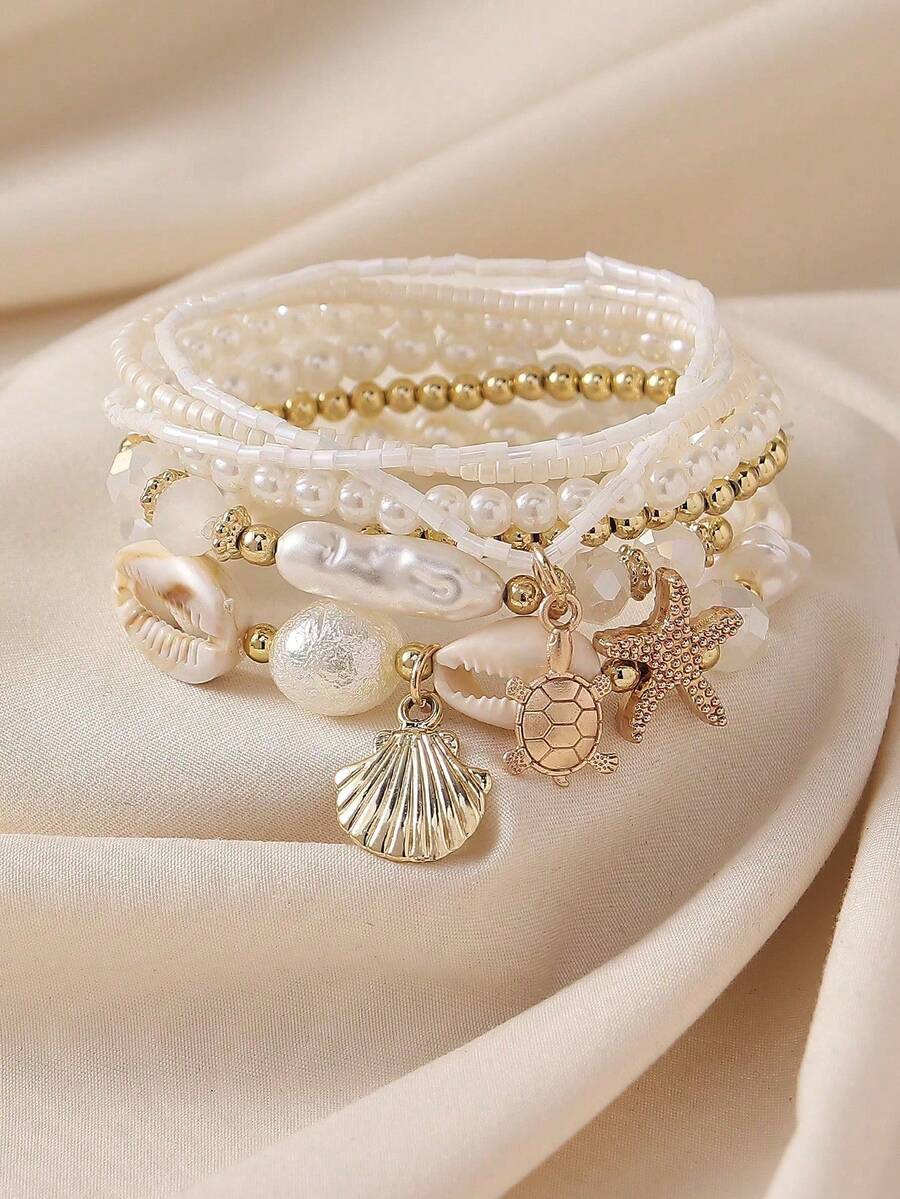 Set de 7 piezas de pulsera con capas de conchas, perlas y estrellas de mar con cuentas, diseño apilable de estilo bohemio, adecuado para mujeres, uso casual en vacaciones de playa, patrón aleatorio de conchas, gran regalo - Multicolor - Ver 1